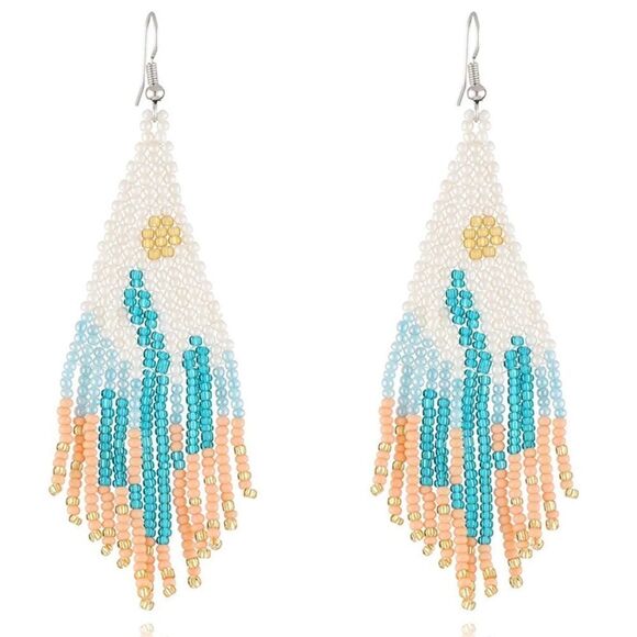 Desert Cactus Boho Seed Bead Tassel Dangling Statement French Wire Hook Earrings - Picture 1 of 6